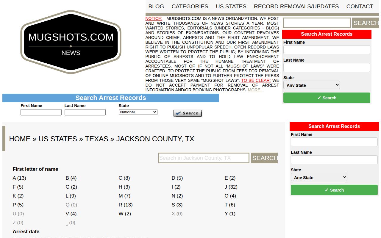 Historical unofficial Jackson County booking-record source page